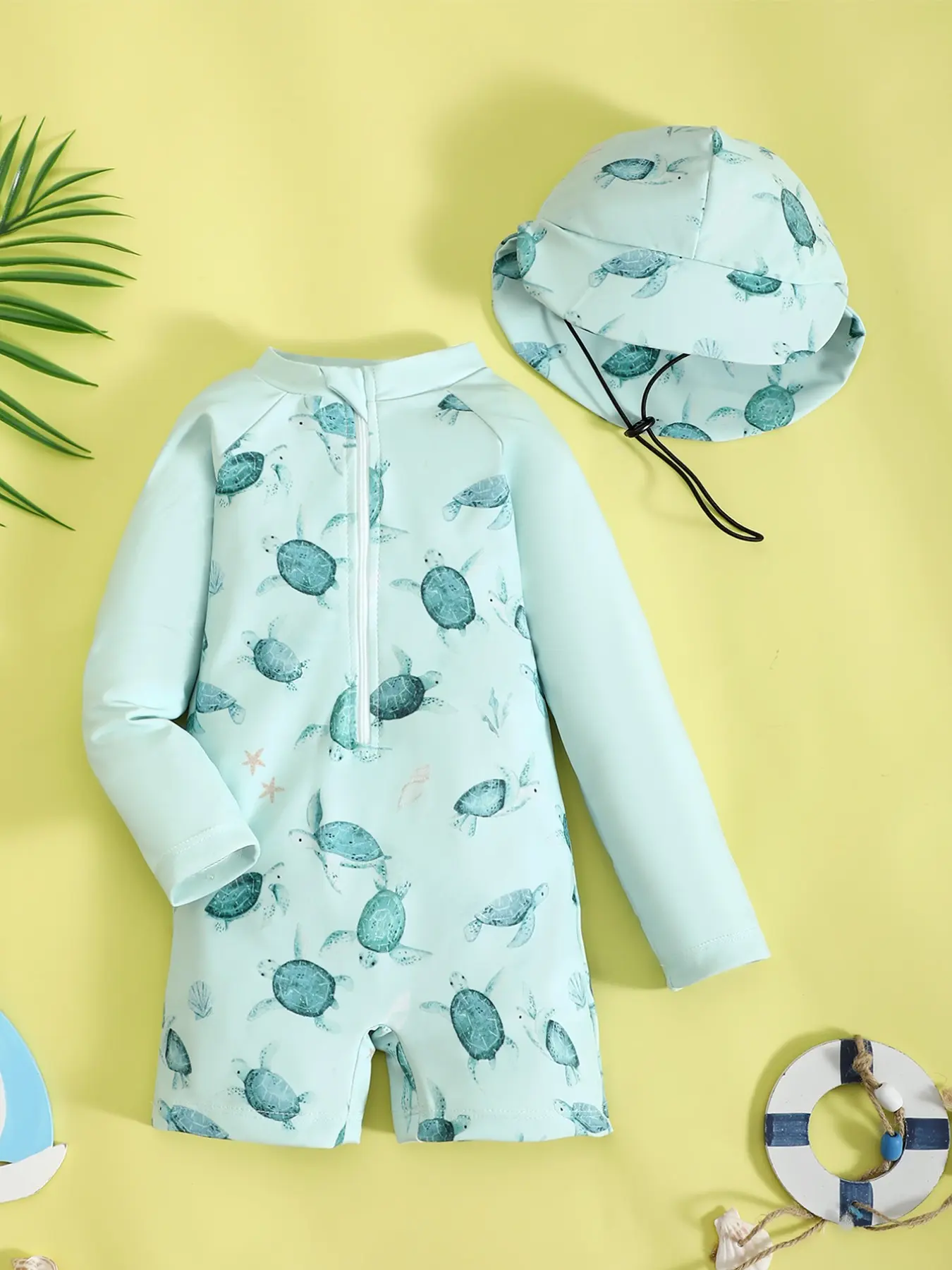 Baby Boy Cartoon Print One-Piece Swimsuit, Includes Oil Sun Hat, Cute Fun Swimwear for Infants, Toddler Bathing Suits, Perfect for Pool and Beach, Swimsuit Summer, Printed Swimsuit