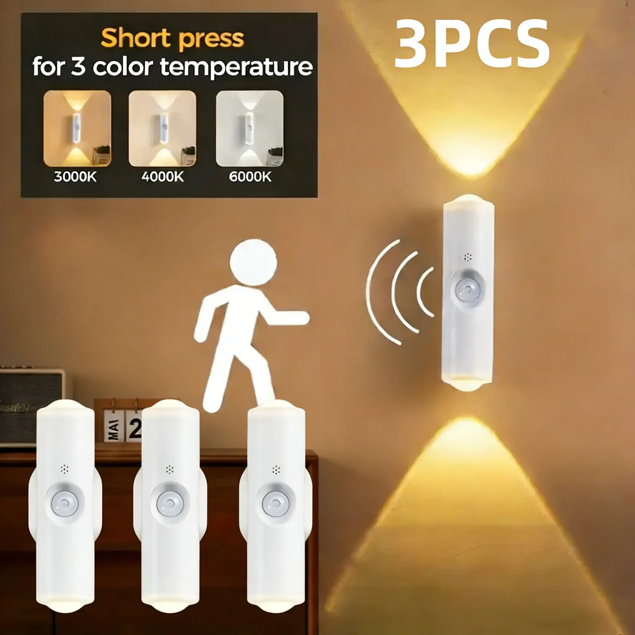 3PCS Dual-Head Motion Sensor LED Wall Spotlights - 3-Color Adjustable, USB-Rechargeable 3-in-1 Multifunctional Lights with Automated Switch, Ambient Lighting, Atmospheric Light, Adjustable Bedside for Closet, Stairs, Atmospheric Light Wall Spotlights