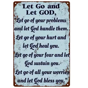 2D Flat - Vintage Metal Wall Sign - "Trust and Let Go to God" Inspirational Quote, Weatherproof & Pre-Drilled for Easy Hanging, Perfect for Home, Office, Bar, Cafe Decor, Metal Wall Art Decor