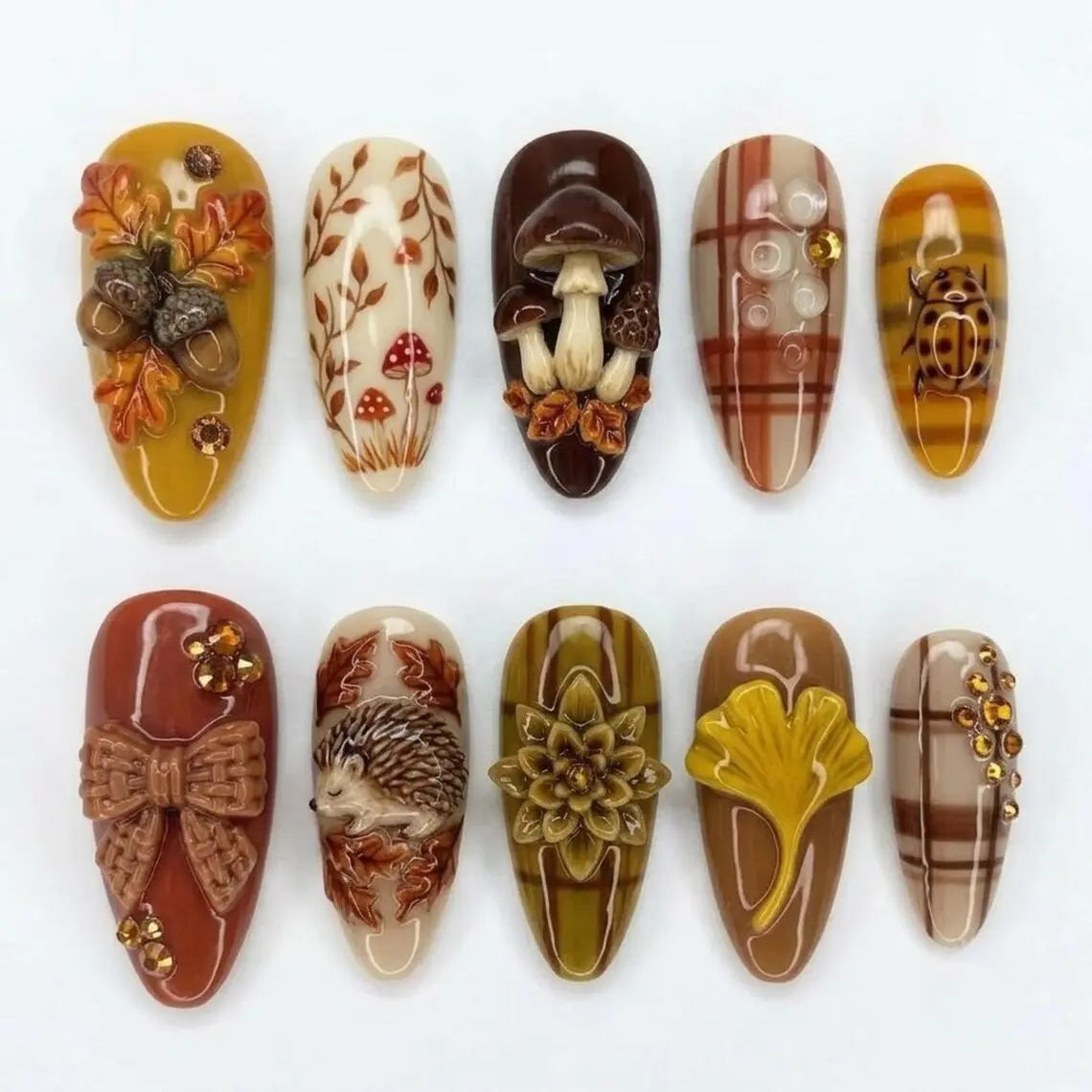 Woodland Autumn Press On Nails | Cozy Forest Inspired | Glossy 3D Almond Nails | Acorn, Mushroom, Hedgehog, Plaid Nail | Handmade Fall Nails