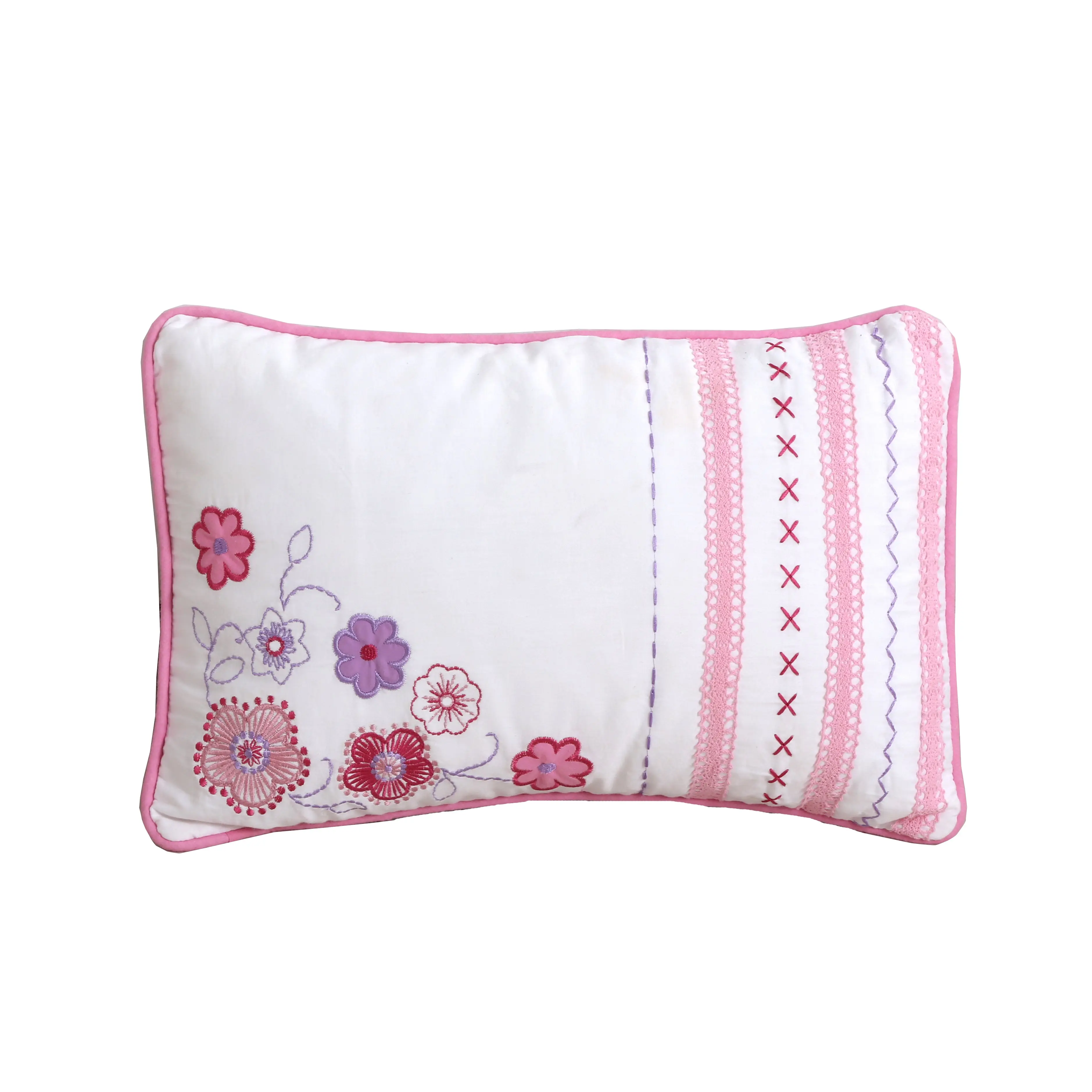 Cotton Fiber Rectangular Decorative Couch Cushion - Embroidery Details, Fair Isle Look, Pink-Purple Floral Stripes, Colorful Designs Standard Pillows, Cottage-Style Floral Home Decor, Plush Aesthetic Indoor Pillow, Spot Clean