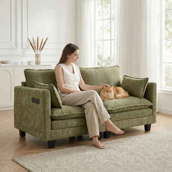 Modern Chenille Loveseat Sofa, 2-Seat Compact Couch with Dual USB Charging Ports and Side Pockets, Small Space Settee for Bedroom, Office, Apartment, Green