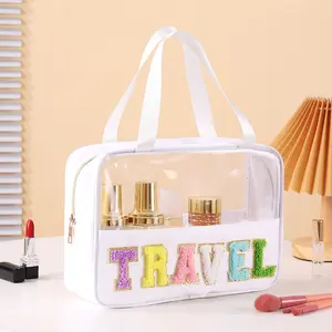 Preppy Hairstylist Travel Storage Bag - Clear Organizer with Retro Look Strap, Compression for Hair Tools & Wig, Waterproof Beauty Bag with Glitter Chenille Letters, Ideal Gift for Hairstylists