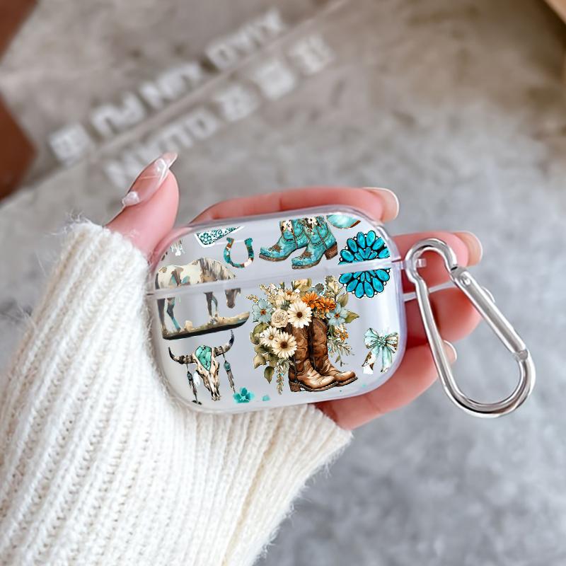 Western Charm Collage Pattern Protective Case for AirPods 4/3/2/1/Pro/Pro2 Soft TPU Earphone Cover, Transparent with Keychain
