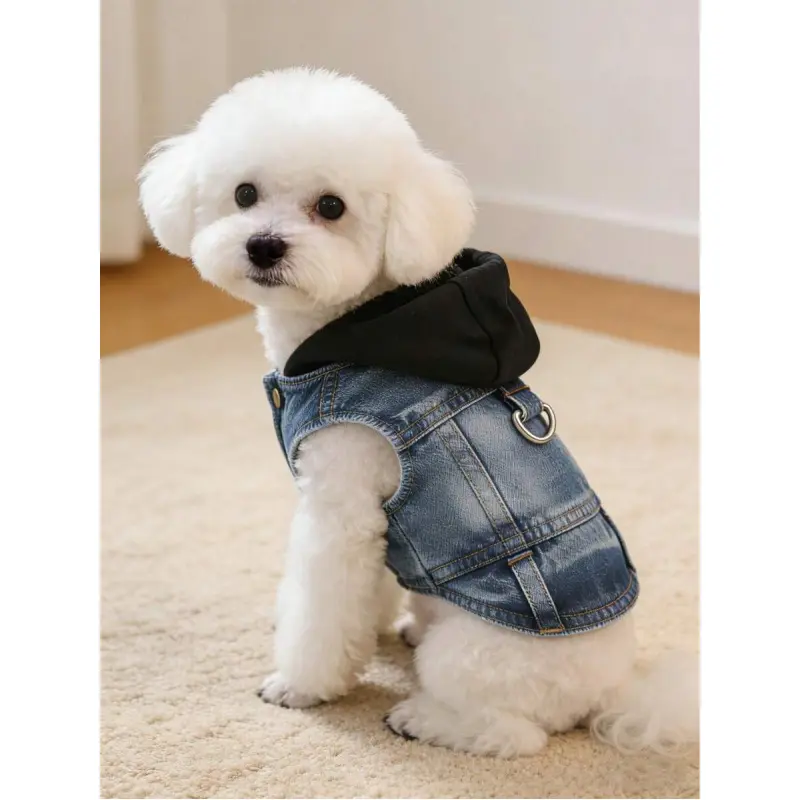 Dog Hooded Harness Vest Costume with Button Closure, Denim Fabric, Multi-Size, Eco-Packaged - 1 Piece Spring & Autumn Pet Coat (Ideal for Poodles)