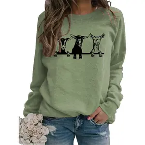 Women Cute Goats Graphic Sweatshirt Funny Farm Animal Print Long Sleeve Shirt Casual Comfy Pullover Tops