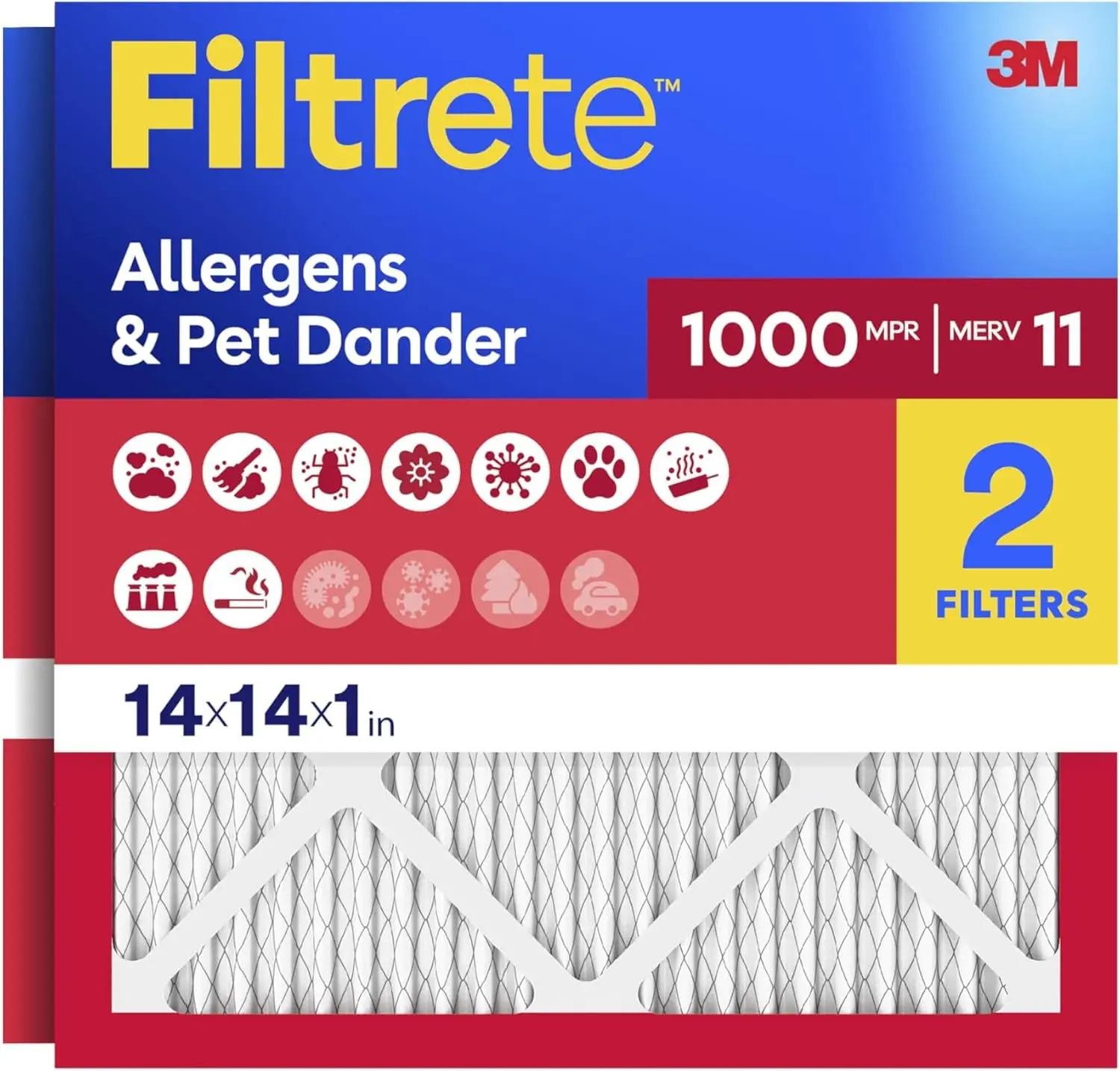 Filtrete 14X14X1 Air Filter, MERV 11, MPR 1000, Allergens & Pet Dander, 3-Month AC and Furnace Filters, Cleaner Air, Reliable Airflow, 2 HVAC Filters (Actual Size 13.68 X 13.68 X 0.81 In).
