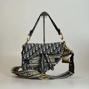 Pre-owned Dior Oblique Jacquard Canvas & Calfskin Shoulder Bag Saddle Bag Medium Beige & Blue Oblique Jacquard Canvas with Embroidered Logo & Monogram Calfskin 78673605