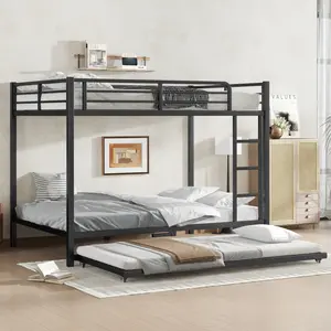 Full over Full Bunk Bed with Twin Size Trundle, Heavy-Duty Metal Bunk Bed Frame, Noise Free, Black