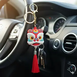 Fluffy Lion Dance Keychain, Cute Mascot Plush Car Ornament, Creative New Year Blessing Keyring, Festive Gift Auto Interior Decoration, Adorable Plushie Accessory for Bag and Car