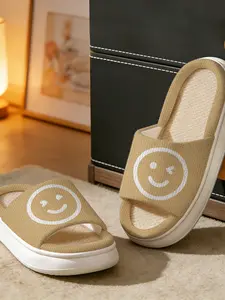 Spring Summer Korean Minimalist Linen Slippers, Cute Simple Smile Pattern, Breathable Lightweight Silent Anti-Slip Home Shoes