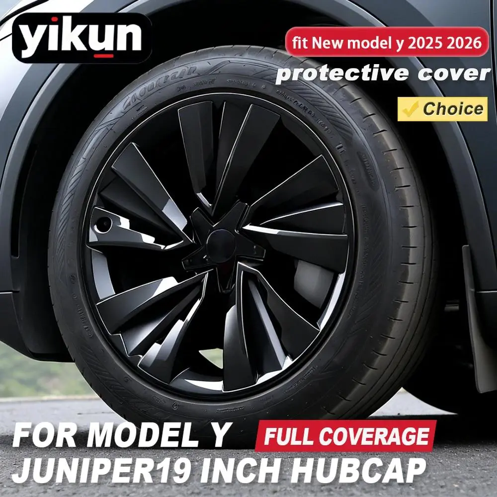 4PCS Full Rim Black High Quality ABS Hub Caps - 19-In Wheel Hub Guard, Juniper Scratch Shield for 2024 Tesla Model Y Performance Crossflow Wheels, Easy to Clean, Enhances Movement Sense, Perfect Fit, Protects from Scratches