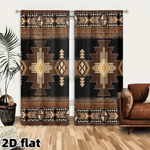 2D Flat 2Pcs "2-piece, Southwest Tribal pattern curtain panel, Aztec Native American elements, pole pocket style, semi sunshade polyester fiber, suitable for home living room, bedroom, balcony, kitchen, study window decoration, Bohemian, Home Textile
