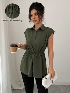 Women's Elegant Lapel Drawstring Waist Blouse, Sleeveless Slimming Fit Casual Commuter Shirt, Versatile Conceal Fatigue Top Nk-0001-722 Basic