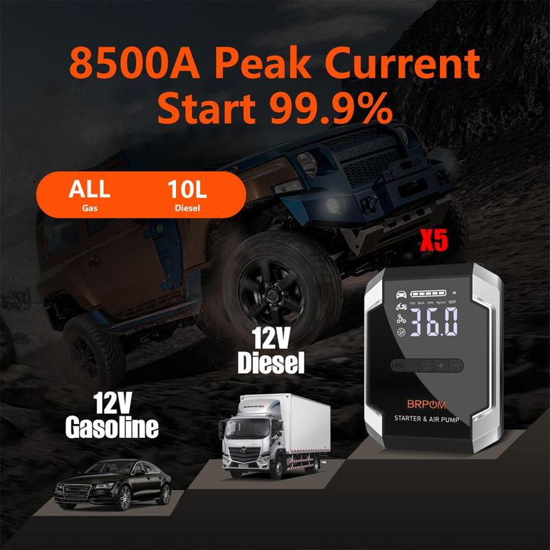 BRPOM [5 in 1] 8500A Portable Car JumpStarter with Air Compressor(ALL Gas, 10.0L Diesel) WithTire Inflator, 12V Car Battery JumpPower Fast charging With LED Light Jump starter