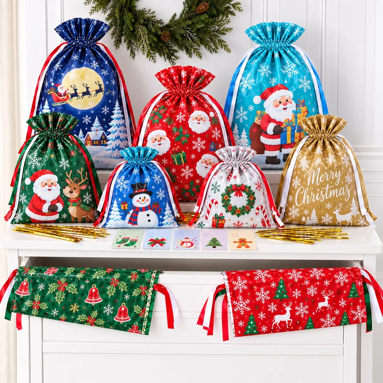 20/50/100 Pcs Christmas Gift Bags With Gift Tags Set, Drawstring Present Pouches For Holiday Gifting & Party Favors