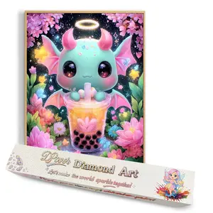 Boba Star Baby Dragon | 45×55cm | Partial Fairy Dust Diamond Painting | Full Round / Full Square Drill | Velvet Cloth Canvas | DIY 5D Diamond Art Kit | Sparkling Cute Cartoon Artwork for Home Decor, Crafting & Gifts