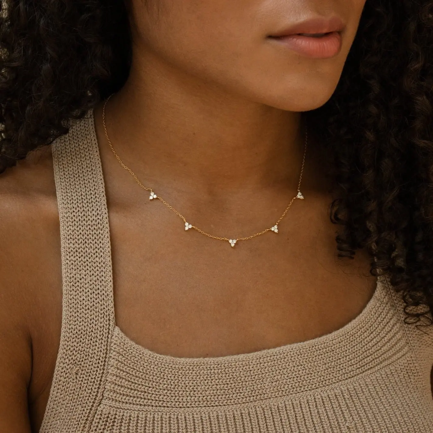 Hana Diamond Station Necklace by Caitlyn Minimalist - Dainty Crystal Lily Charm Necklace - Floral Layering Necklace - Gift for Her