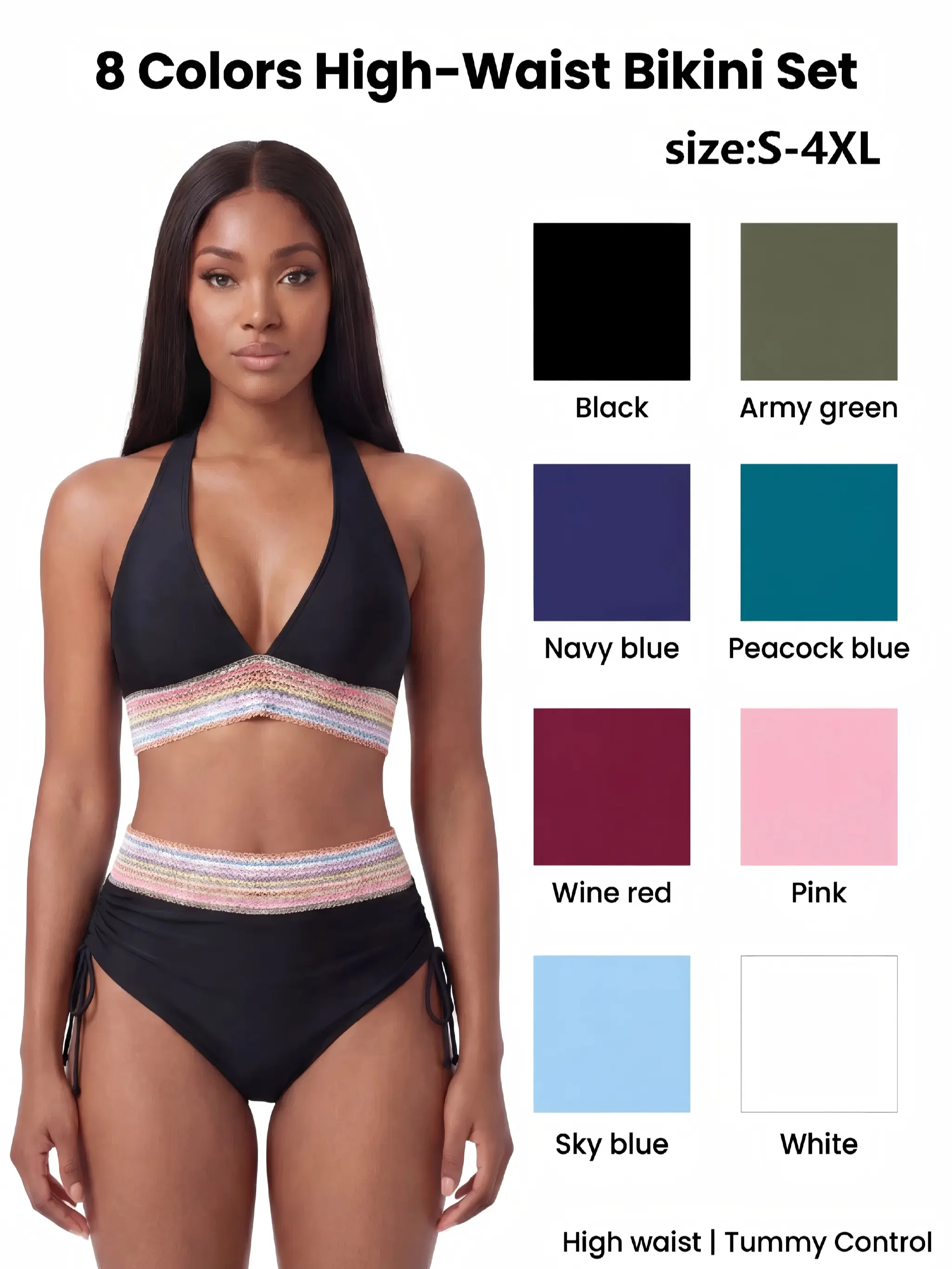 2026 Women's High-Waist Bikini Set Colorful Drawstring Swimsuit V-Neck  Push-Up Best-Selling Swimwear - TikTok Shop