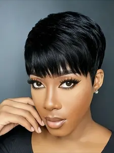 Straight Human Hair Wig for Women Pixie Cut Full Machine Made Wig 150% Density 6 Inch Wig Ideal for Daily Use and Special Occasions like Christmas and New Year Party
