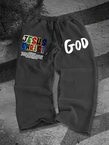 Men's Fall Winter Casual Letter Print Pants, Drawstring Straight Leg Long Pants, Outdoor Sports Joggers, Fitted Natural Waist, Sweat Pant Print