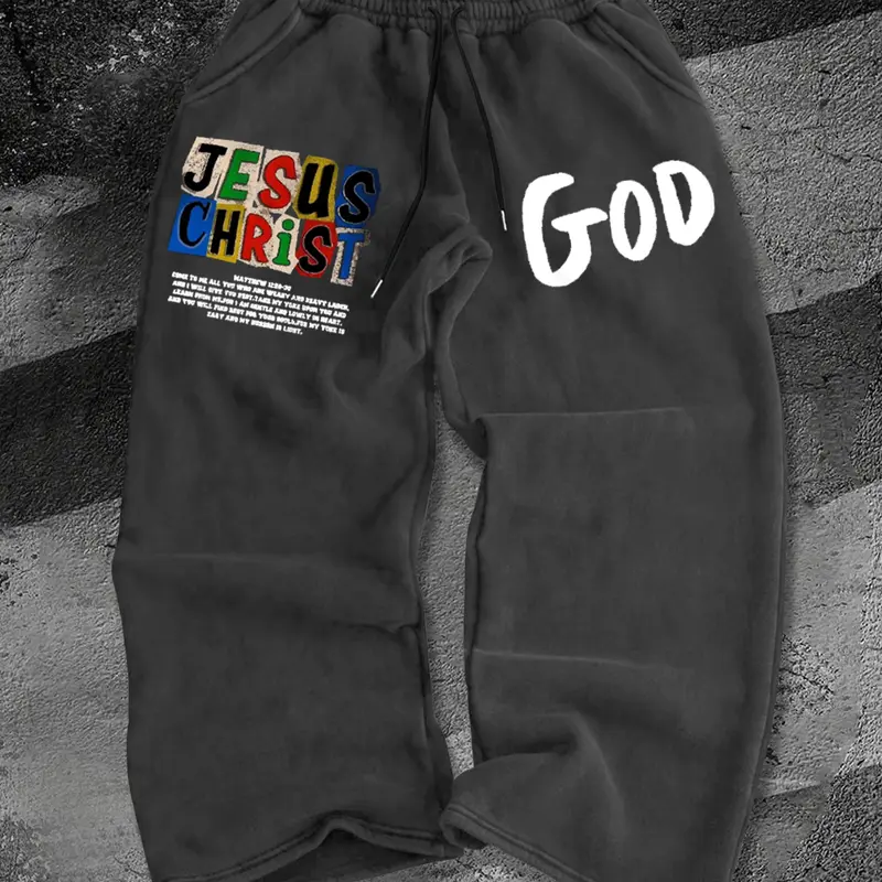 Men's Fall Winter Casual Letter Print Pants, Drawstring Straight Leg Long Pants, Outdoor Sports Joggers, Fitted Natural Waist, Sweat Pant Print, Casual Sports Trousers, Athleisure Casual Bottoms