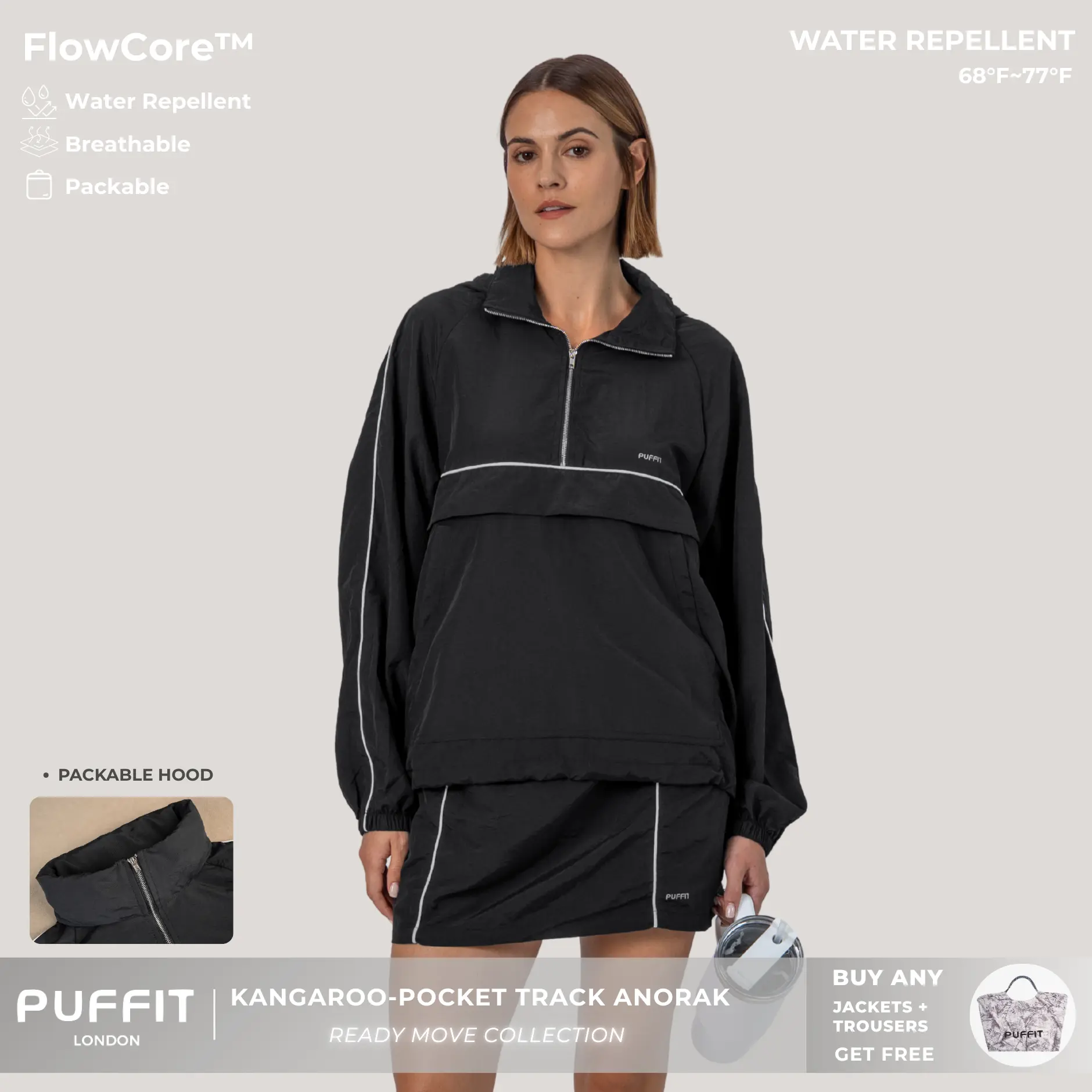 PUFFIT FlowCore Water Repellent Kangaroo-Pocket Track Anorak with Packable Hood,Loose Fit,Windproof,Breathable,Packable,Lightweight,Outdoor Jacket,Spring Autumn,Casual Daily,Running,Hiking,Travel,Shopping,2026