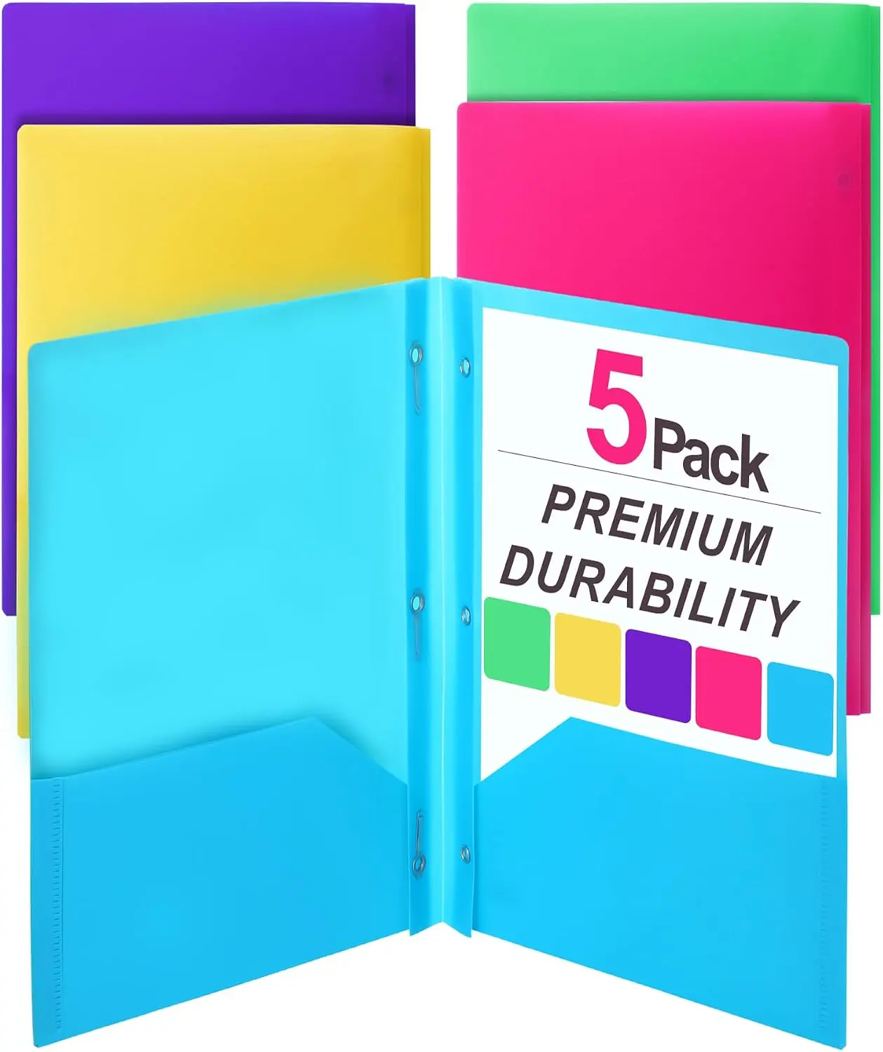 Plastic Folders with Pockets and Prongs, 5 Pack, Letter Size | Flexible Plastic Folders with Prongs