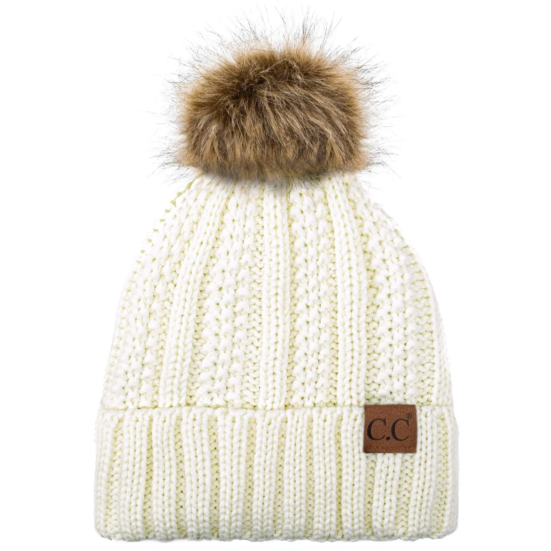 Thick Cable Knit Beanie with Faux Fur Pom Pom Fleece Lined  display picture 1