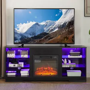 PINGO HOME 2-in-1 Design 58" TV Cabinet with 18" Electric Fireplace, TV Stand with LED Lights and Glass Shelves, USB Charging Outlet, TV Stand for 32-62" TVs, Half Closed Storage, 2 Colors