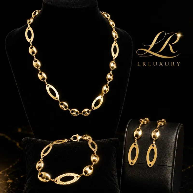 138 14K Gold Plated Oval Jewelry Set – Necklace, Bracelet & Earrings