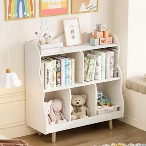 3 Tier Kids Bookshelf Toy Storage Organizer Toddler Bookcase with 5 Open Storage Boxes Curved Design Solid Wood Legs for Nursery Living Room Playroom White