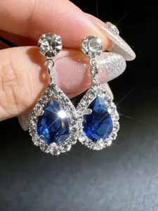 1 pair of elegant navy blue water droplet artificial zircon earrings, elegant women's dinner daily style earrings, suitable as a gift for women