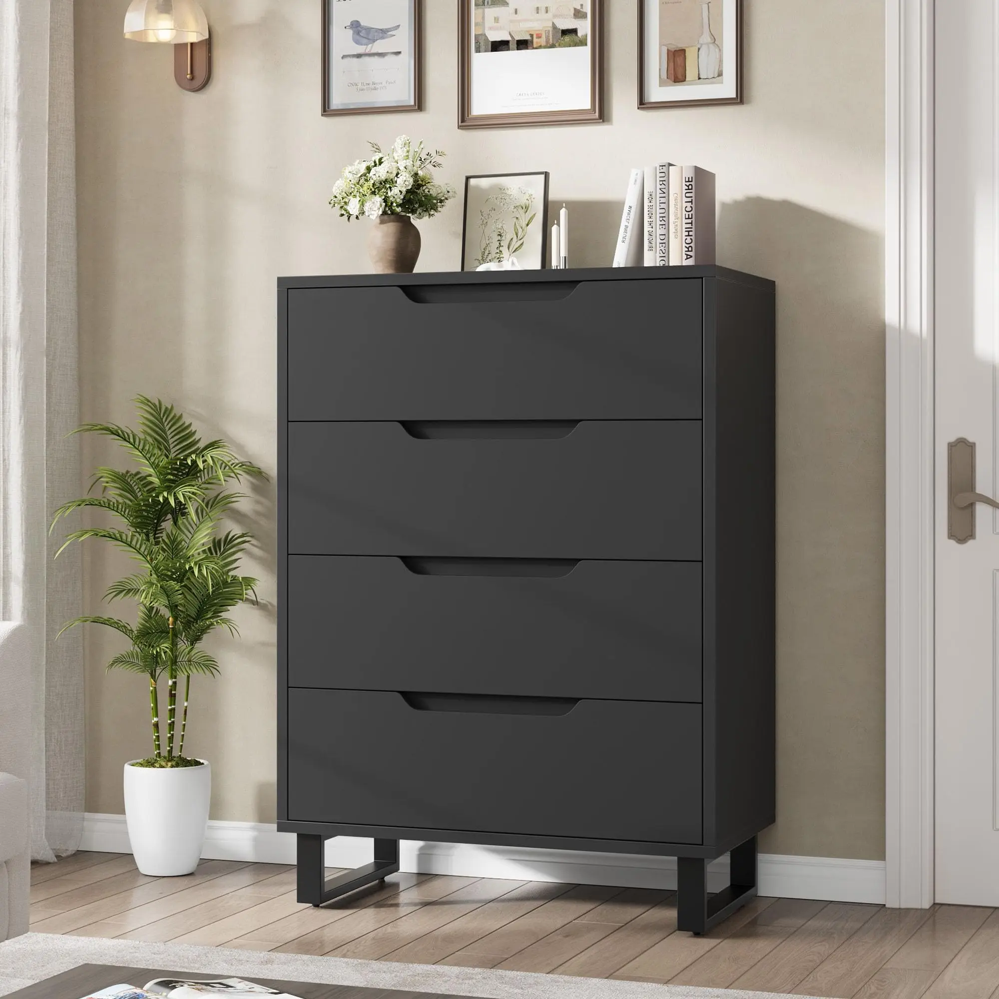Garvee 4-Drawer Dresser for Bedroom, 30" L x 15.8" W x 41.7" H Freestanding Vertical Cabinet with Drawer & Closet Organization, Wooden Storage Chest, Assembly Required, Black (for Living Room/Hallway)