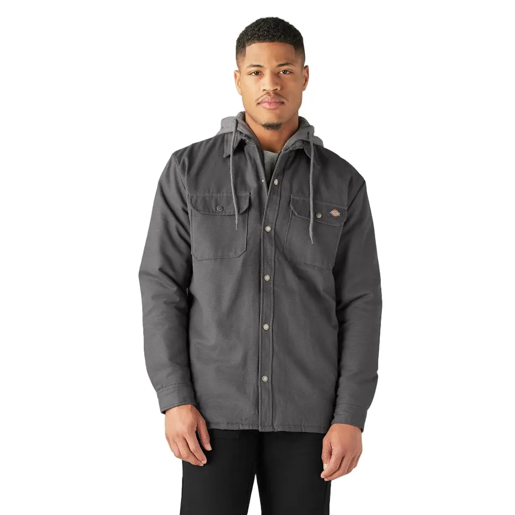 Dickies Men's Water-Repellent Duck Fabric Relaxed-Fit Fleece Hooded Jersey Coat - Soft Plain Slate Grey, Casual Long-Sleeve Layer Top with Pocket, Shirt, Water Resistant, Jersey-Lined, Zipper Front, Pockets, Textured Woven Fabric, Zip Front