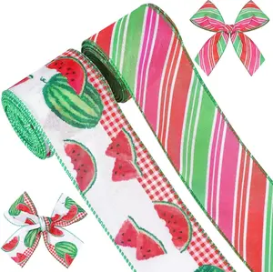 2 Rolls 10 Yards Wired Edge Ribbon 2.5 Inch Summer Fruit Craft Fabric Burlap Ribbon for Gift Wrapping DIY Wreath Bow Making Farmhouse Party Decoration