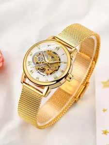 Elegant Women's Analog Mechanical Watch, Golden Band, Round Dial, Mineral Glass, Modern Style, Perfect for Business & Party Wear