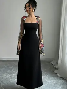 A black lace off-shoulder dress with embroidery for women, suitable for summer, suitable for evening parties, weddings, and balls.