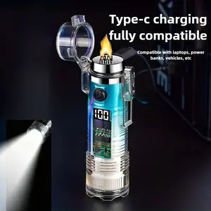 Transparent Rechargeable Electronic Lighter With A Cylindrical Design And Built-In Flashlight Function, Suitable For Outdoor Camping And Barbecues, And Also Makes A Great Gift For Dads, Boyfriends, Or For Holidays