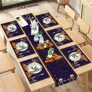 2D flat printing, 5-piece set/7-piece set Halloween skull pumpkin table flag placemat set, cartoon bat placemat, ghost party table decoration, long tablecloth