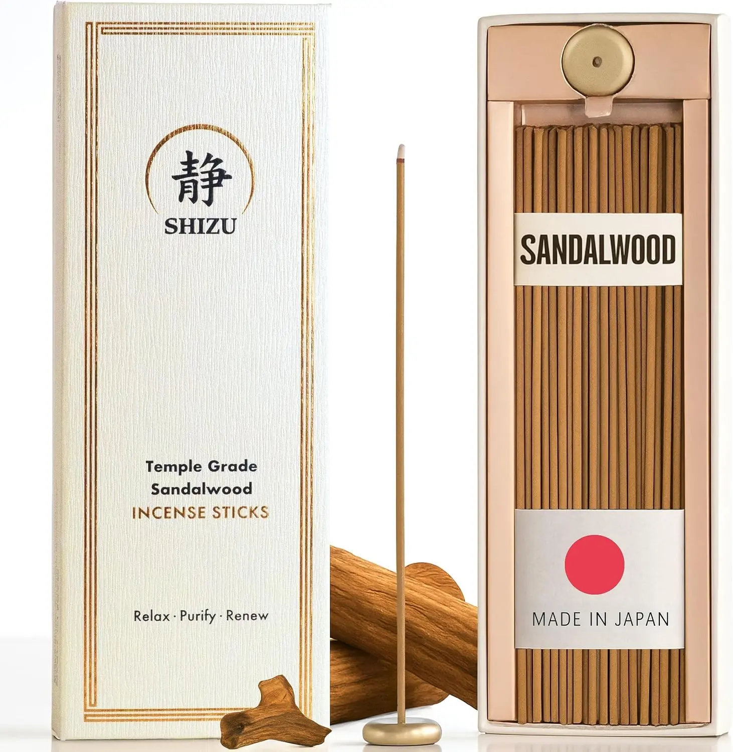 Shizu Sandalwood Incense Sticks – Artisanal Temple Grade Japanese Incense with Brass Holder – Subtle, Calming Scent for Relaxation, Meditation & Home Spa, Elegant Gift Set (60 Sticks)