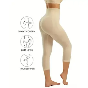 Plain hip-lift comfort stretch shaping pants; high-waisted breathable capri tights with tummy control; women’s underwear and shapewear made from nylon knit fabric; solid color, medium compression; cropped length; can be worn under a raincoat.
