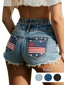 Summervibes Women's Denim Shorts, Flag Embroidered Mid-Waist Elastic Short Pants, Casual Eyelet Design, Multiple Colors for Daily Wear