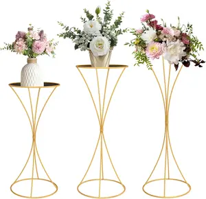 Gold Metal Plant Stand Set | 3 Pcs Tall Cylinder Pedestal Stands (Hourglass) | Elegant Round Tables for Weddings, Parties & Home Décor | Perfect for Living Room & Patio