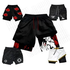 Summer Men's Double 2 in 1 Shorts Anime High Waisted Oversized Breathable Sports Shorts for Training and Fitness