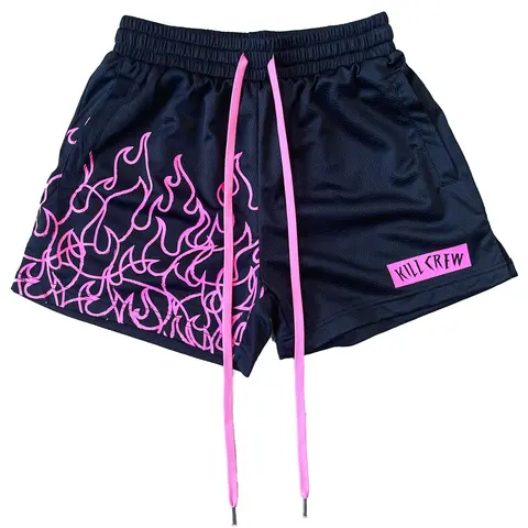 Kill Crew Women's Retro Flame Print Muay Thai Training Performance Sports Shorts - 100% Polyester, Double Layered, Side Pockets, Wax-Tip Extended Drawcord, Lightweight Gym Fitness Workout Apparel Bottoms, Premium Athletic Shorts, Performance Shorts