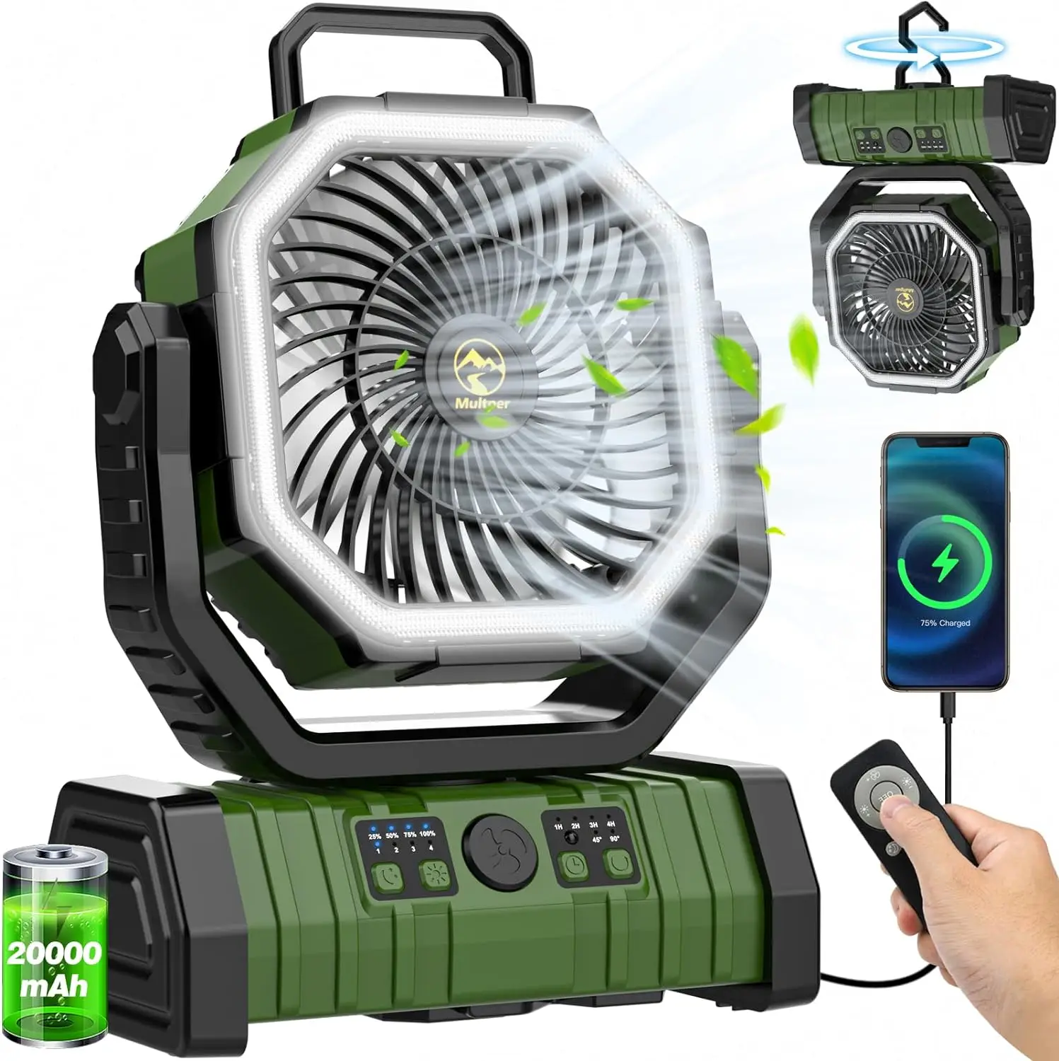 20000mAh Portable Rechargeable Camping Fan with LED Light - 360° Auto-Oscillating, 4-Speed Adjustable Wind, Remote Control | Type-C Fast Charging with