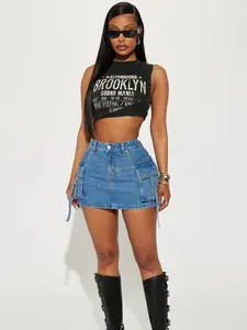 Jean Mini Skirt With Pockets - Set New Limits Denim Cargo Mini Skirt - Medium Wash