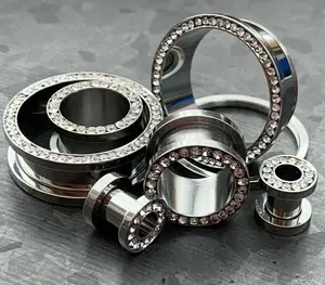 PAIR Clear CZ Gem Rimmed 316L Surgical Steel Screw Fit Tunnels Plugs Gauges