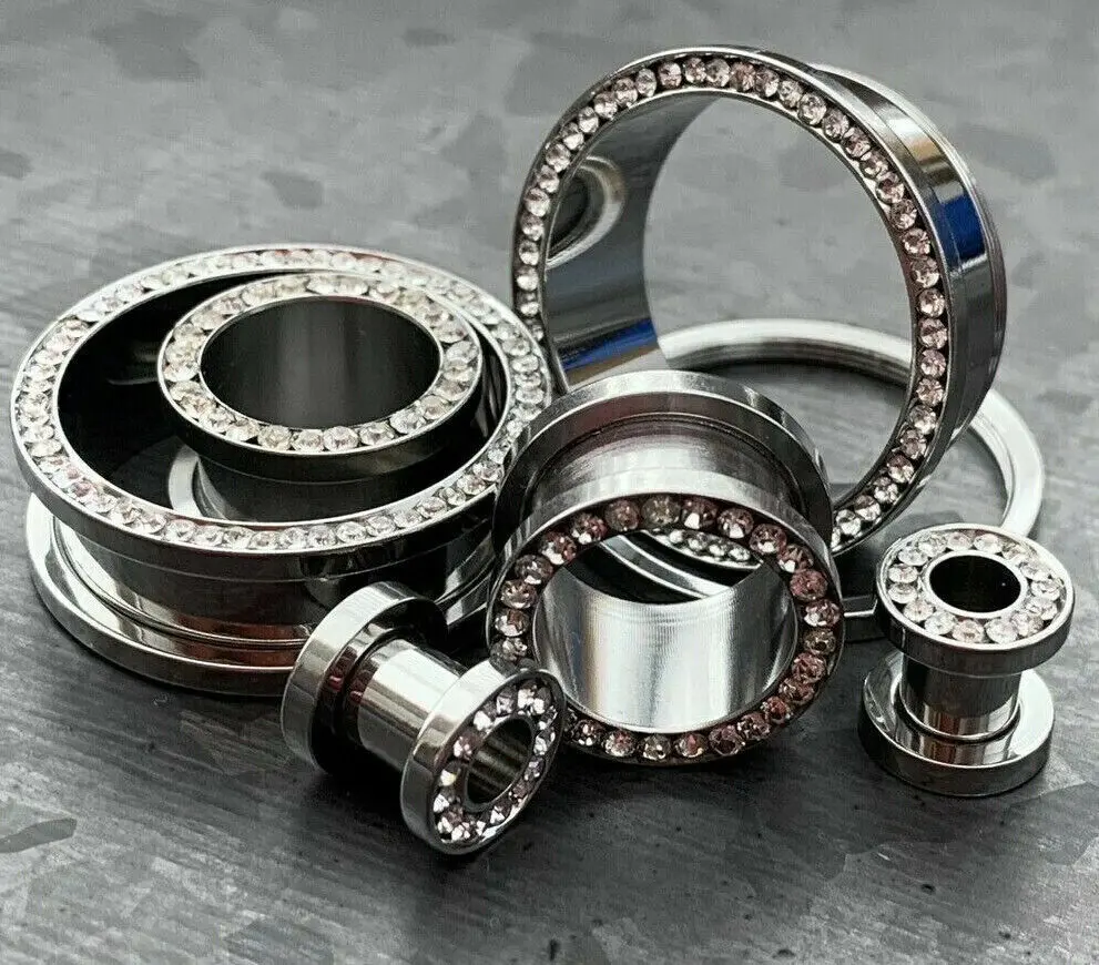 PAIR Clear CZ Gem Rimmed 316L Surgical Steel Screw Fit Tunnels Plugs Gauges